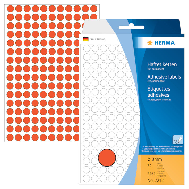HERMA Haftetiketten – Ø 8 mm, permanent, rot, Bogen 111 × 170 mm, 32 Blätter (5'632 Stk.)