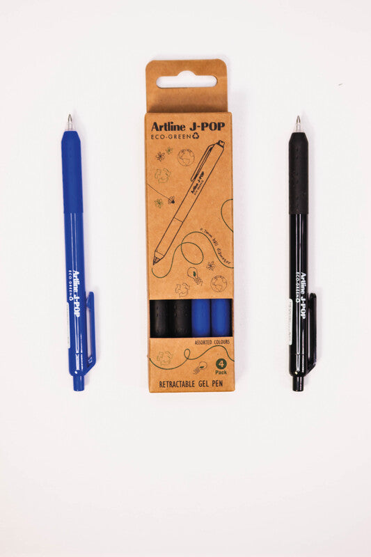 Artline J-Pop Eco-Green – Tintenroller-Set, Druckmechanik, 0,7 mm, Schwarz/Blau, 4er Etui