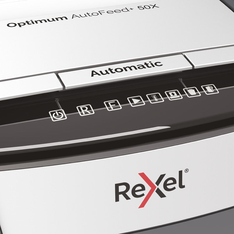 Rexel Optimum AutoFeed+ 50X – Aktenvernichter mit Autofeed 50 Blatt, DIN P-4, Partikelschnitt 4 × 28 mm, 20 l