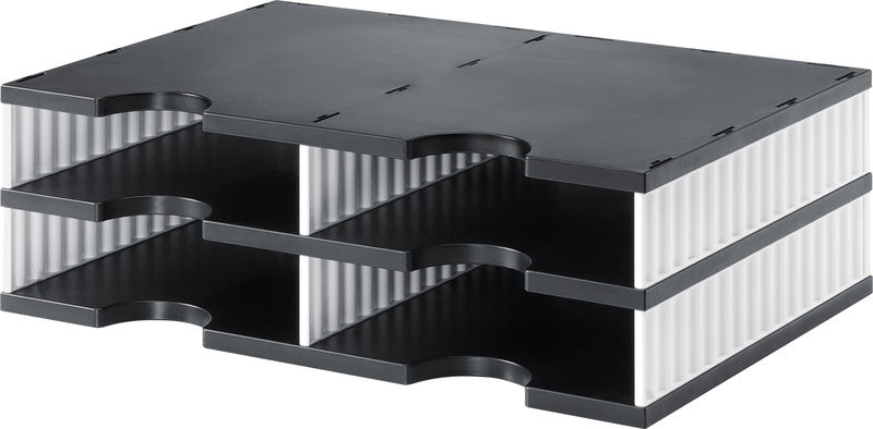 Styro Briefkorb – für C4, 4 Fächer, stapelbar, mit Griffausschnitt, weiss/schwarz, B 485 × H 153 × T 331 mm