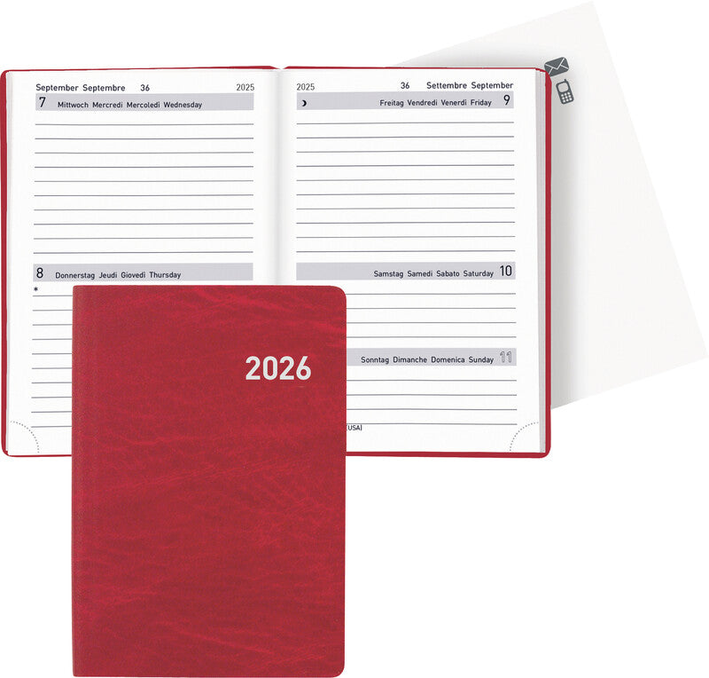 Biella Tell Agenda – 2 Tage pro Seite, gebunden, 8,5 × 12,5 cm, Jan–Dez, Rot, FSC