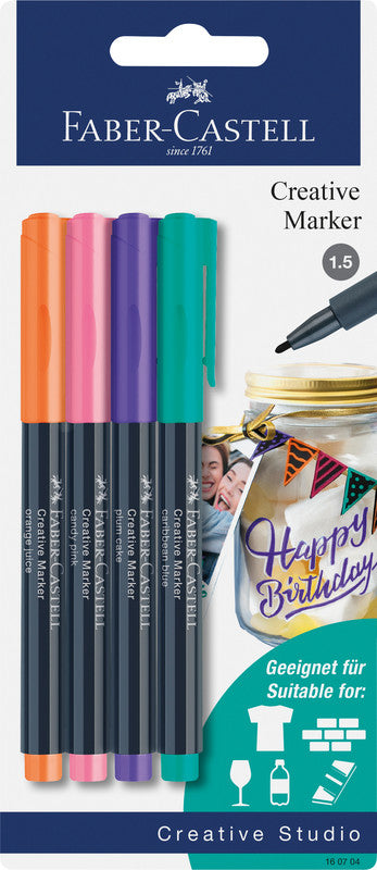 Faber-Castell Non-Permanent Marker Creative – Rundspitze 1,5 mm – Sortiert – 4er-Set – Trocken abwischbar
