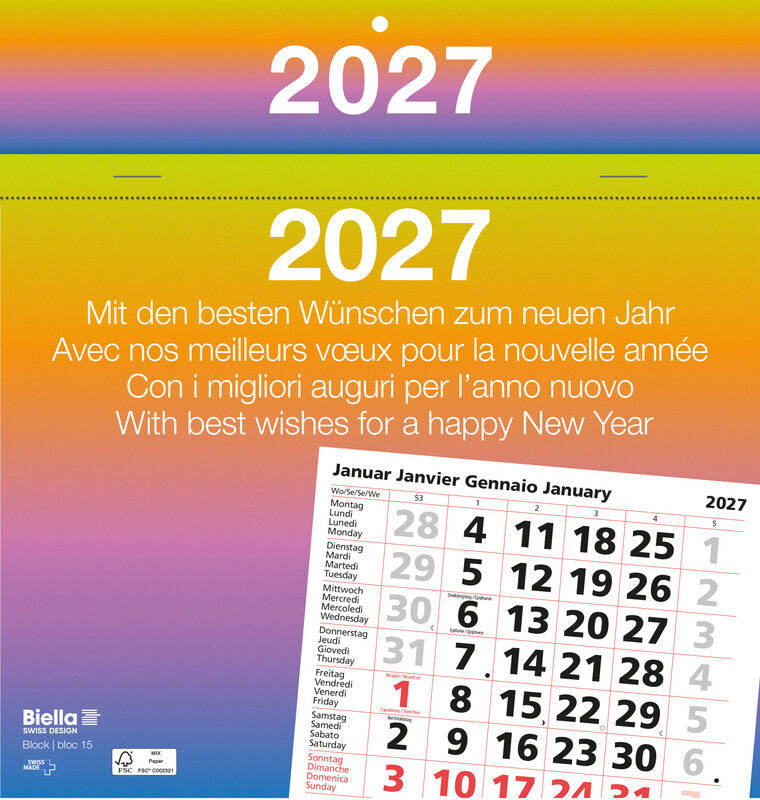 Biella Abreisskalender Monat Block 15 – viersprachig D/F/I/GB – 2027 – 16,7 × 19,8 cm