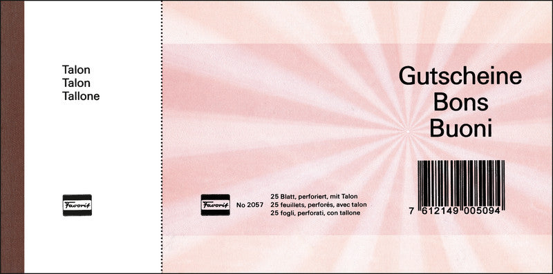 Favorit Formularblock – Geschenk-Gutscheine, mehrsprachig, 25 Blatt, 205 × 105 mm