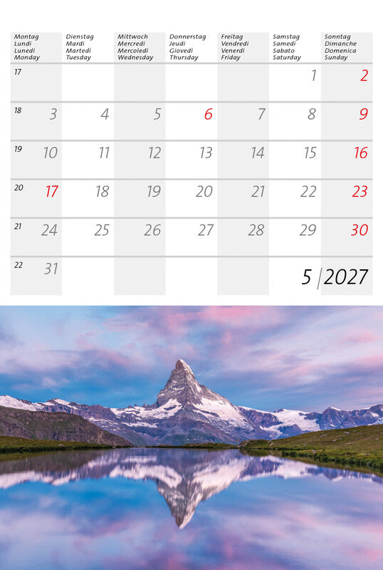 Calendaria Kleiner Schweizer – Bildkalender Schweiz 2027 – 14,8 × 22 cm – Kalendarium d/f/i/e – 12 Postkarten