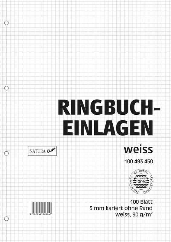 Natura line Notizbuch-Einlagen A4, kariert 5 mm, 4-fach gelocht, 90 g/m² – 100 Blatt