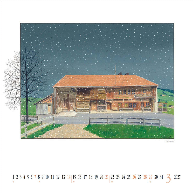 Kuratli Kunstkalender Susanna Bauernhäuser 2027 – 42 × 42 cm – mit Aufhänger, mit Kartonrückwand