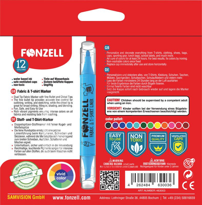 Fonzell Textilmarker für Permanentmarker – sortiert, 12er Pack