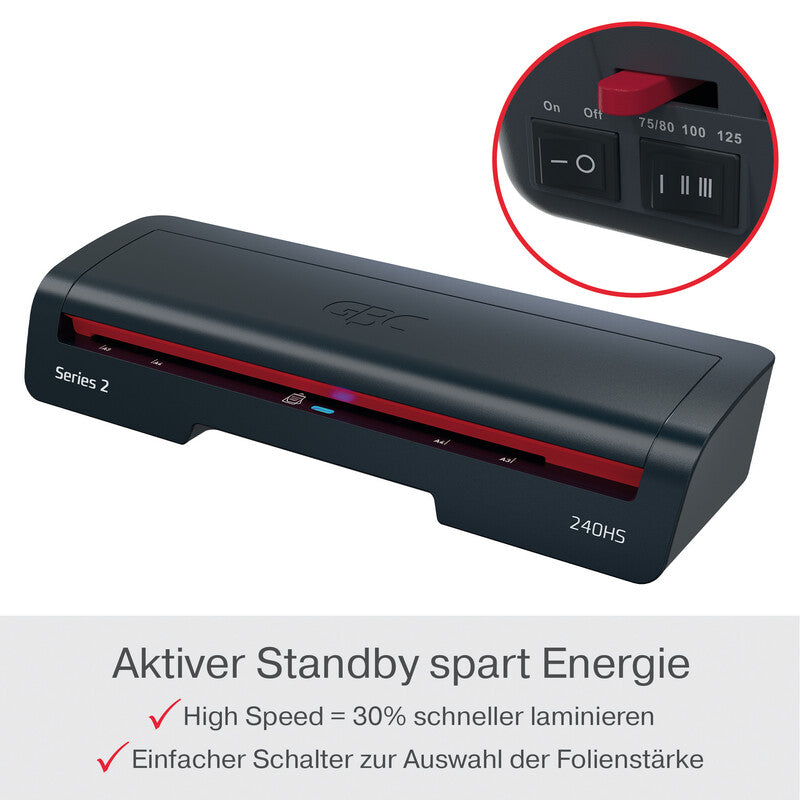 GBC 240HS Laminiergerät A3 – 2-Rollen, 75–125 µm, 2 Min. Aufheizzeit, 500 mm/min, schwarz