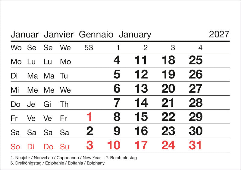 Biella Abreisskalender – 1 Monat pro Blatt – viersprachig D/F/I/GB – 2027 – 11 × 7,7 cm