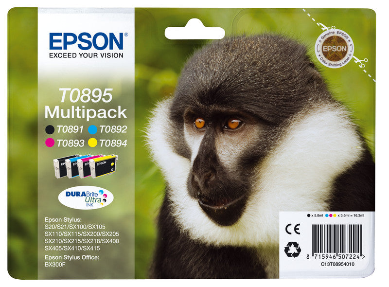 Epson Tintenpatronen-Multipack T0895, CMYK, 4er-Pack – für Inkjetdrucker und Multifunktionsgeräte