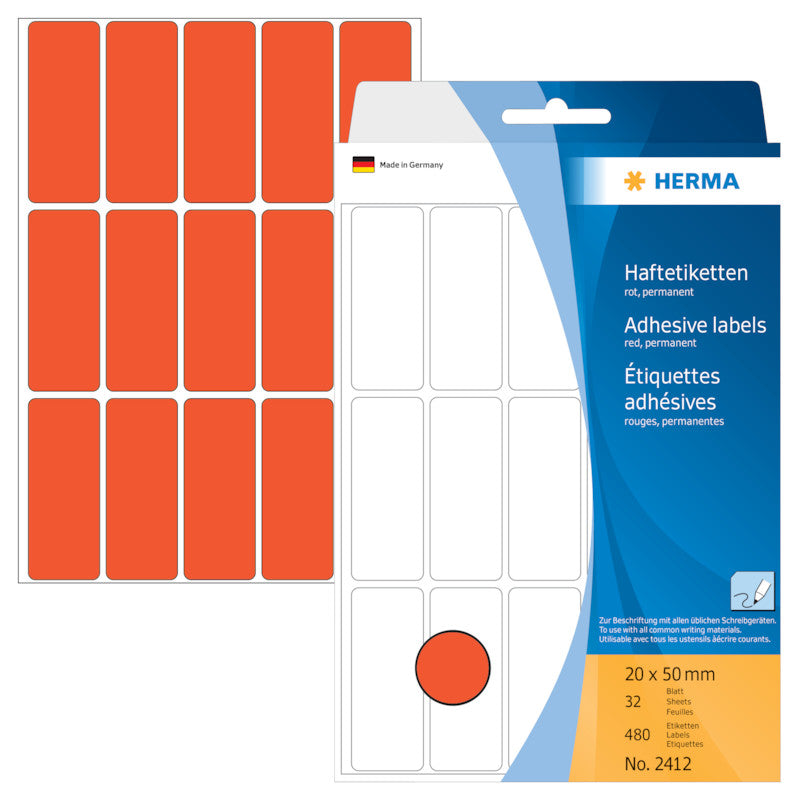 HERMA Schuletiketten – 20 × 50 mm, Abgerundete Ecken, 480 Stk, 32 Bogen