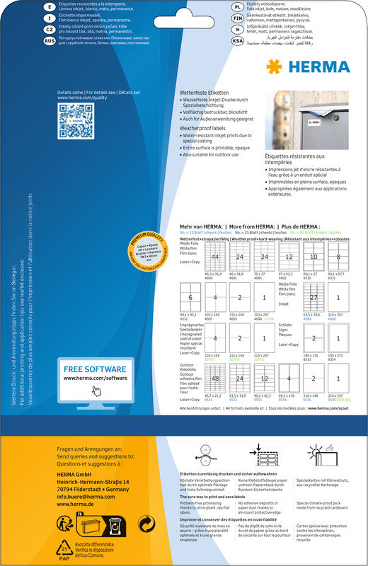 HERMA Folienetiketten, 210 mm × 297 mm, weiss, Folie, extra stark, 10 Blatt