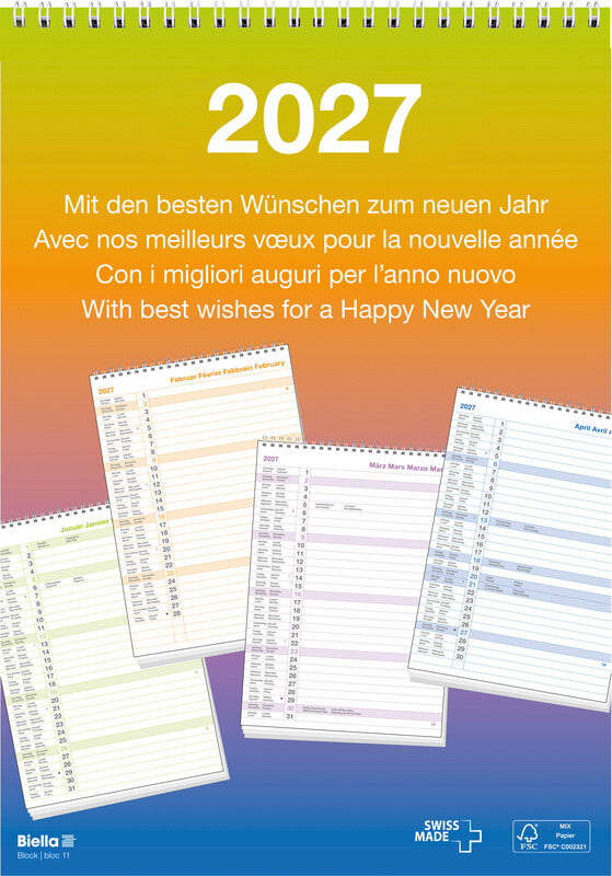 Biella Wandkalender – viersprachig d/f/i/gb – 2027 – Spiralbindung – 21 × 29,7 cm