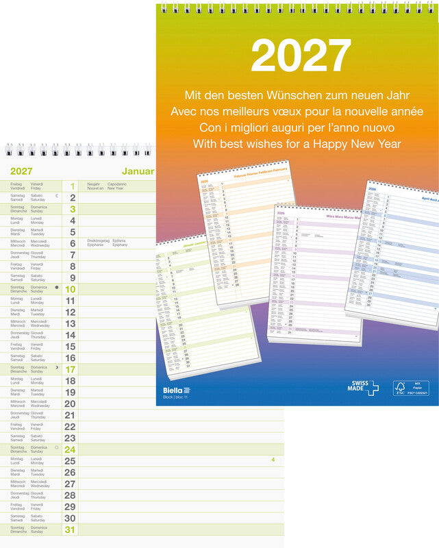 Biella Wandkalender – viersprachig d/f/i/gb – 2027 – Spiralbindung – 21 × 29,7 cm