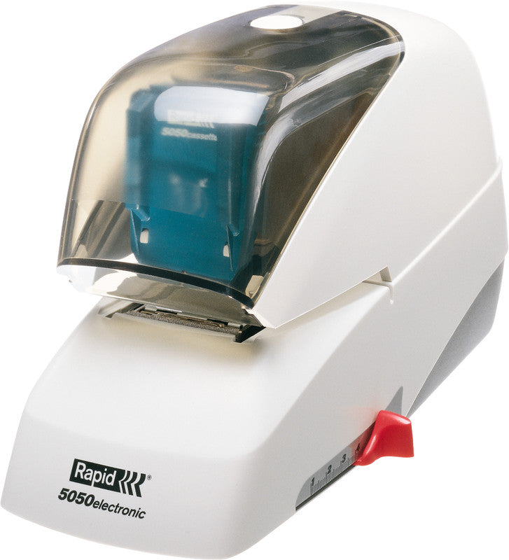 Rapid 5050e – Elektrischer Hefter, Flat-Clinch, verstellbarer Papieranschlag, Einlegetiefe 50 mm, Weiss