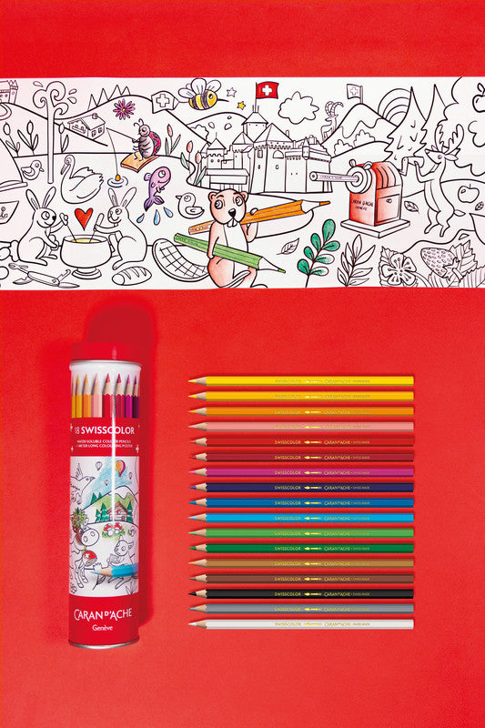 Caran d-Ache Caran d'Ache Swisscolor Aquarellfarbstifte-Set – 18 Farben, Mine Ø 2,8 mm, Metallschachtel, inkl. Poster