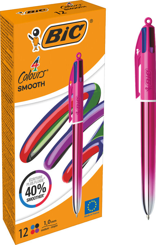 BIC 4 Farben Multifunktionskugelschreiber – 4 Farben, Spitze 0,32 mm, Schiebe, Pink Metallic, dokumentenecht