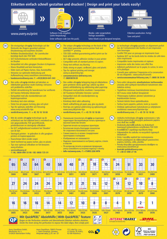Avery Druckeretiketten, 70 mm × 32 mm, weiss, Papier, permanent, 2700 Etiketten (100 Blatt)