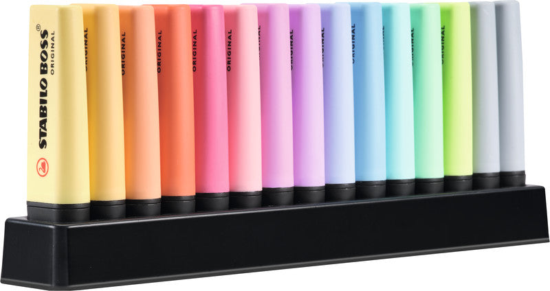 STABILO BOSS Original Textmarker Desktop Set 15 Farben Pastell – Keilspitze, 2–5 mm