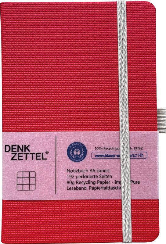 Denkzettel Notizbuch, A6, kariert, gebunden, Hardcover, 192 Seiten, perforiert, 80 g/m² – rot