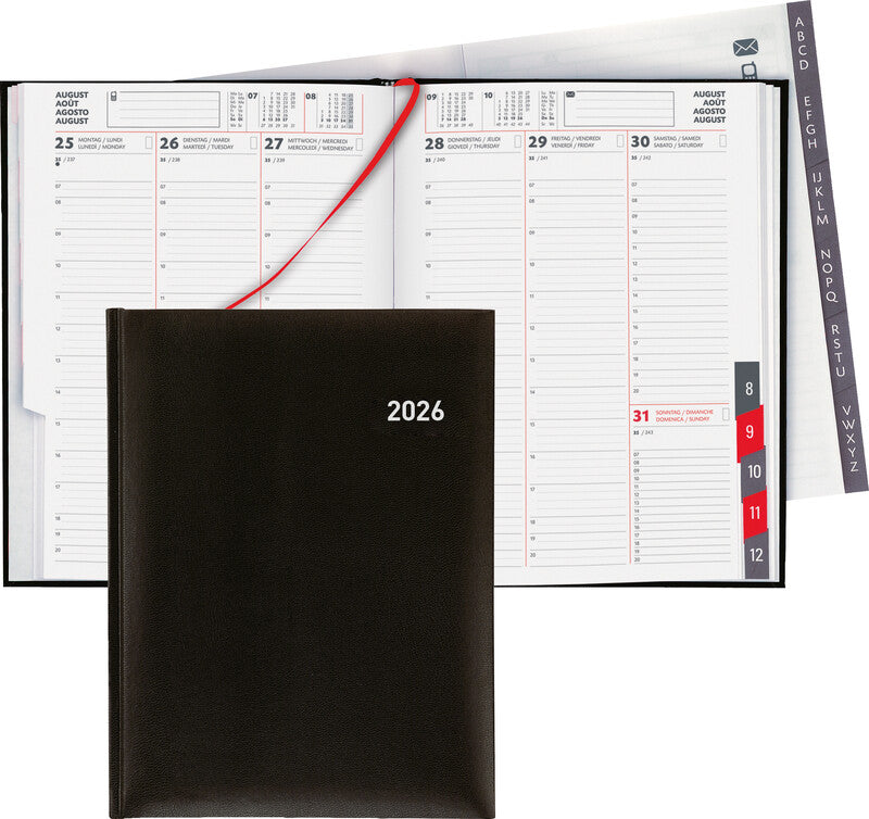 Biella Orario Agenda – 1 Woche/2 Seiten, gebunden, 17,5 × 23,5 cm, Jan–Dez, 2026, mehrsprachig, schwarz, FSC