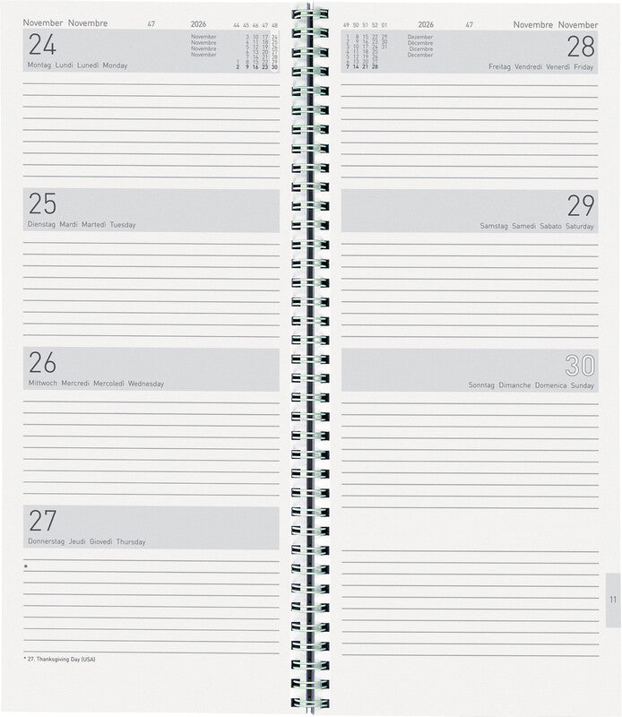 Biella Agenda – 1 Woche/2 Seiten, Spiralbindung, 13,5 × 31,5 cm, Jan–Dez, 2026, Dunkelblau, FSC