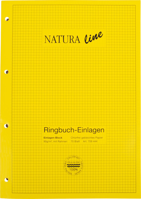 Natura line Ringbuchblock A4, kariert, Leimbindung, 70 Blatt, 4-fach gelocht, 90 g/m² – gelb