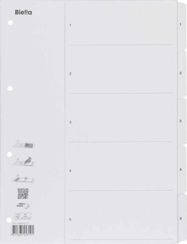Biella SmartIndex Register – A4, 5-teilig, Karton, weiss, vorgedruckt, verstärkte Taben, Indexblatt
