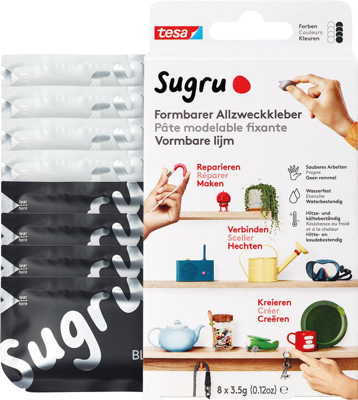 Tesa Sugru Vielzweckkleber (formbar) – wasserfest, für Metall, Holz, Glas, 8×3,5 g, −40 bis +180 °C