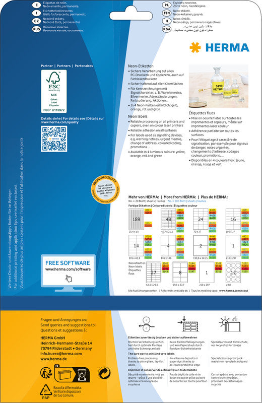 HERMA Schuletiketten – Motiv Neongelb – 210 × 297 mm, 20 Stk, 20 Bogen, Papier, permanent haftend