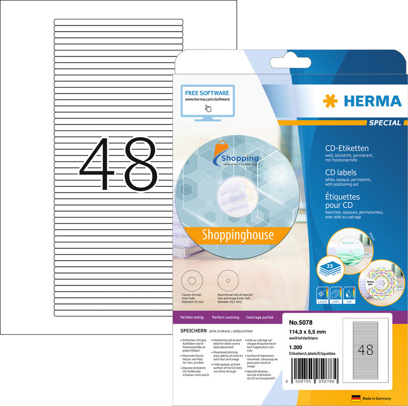 HERMA Etikettenbögen, 114 mm × 6 mm, weiss, Papier, permanent, 25 Blatt (1'200 Etiketten)