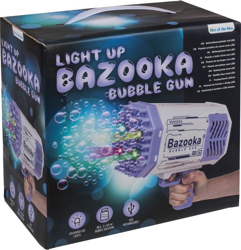 Out oft the blue Out of the Blue Seifenblasenpistole Bazooka – 2 × 50 ml, 23 × 22 × 13 cm, violett, LED, USB-Ladekabel