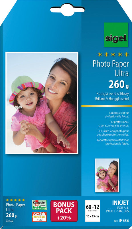 Sigel Fotopapier – Hochglänzend, 100 × 150 mm, 260 g/m², 72 Blätter, Recyclingfähig – für Inkjet-Drucker