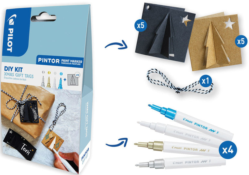 Pilot Bastelset Geschenkanhänger Tannenbaum – 4 Pigmentmarker, 5 Kraftpapiervorlagen – 180 × 105 × 40 mm