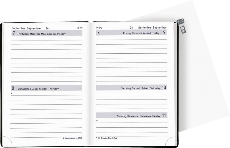 Biella Tell Agenda – 2 Tage pro Seite, gebunden, 8,5 × 12,5 cm, Jan–Dez, mehrsprachig, schwarz, FSC