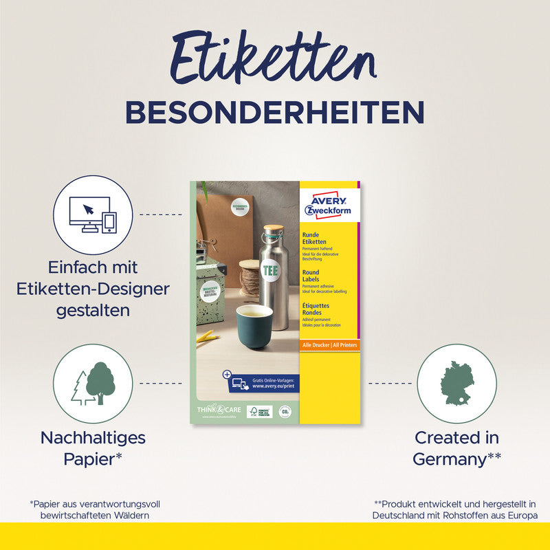 Avery Etiketten auf Bogen, Ø 40 mm, weiss, Papier, permanent, 2400 Etiketten