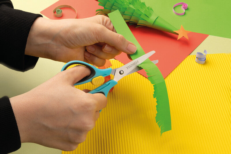 Fonzell Kinderschere – für Rechts- und Linkshänder, abgerundete Spitzen, Softgrip, Kunststoff, Hellblau