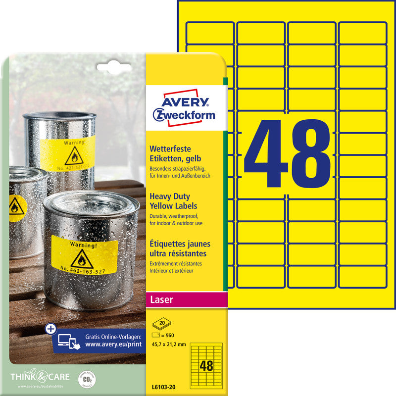 Avery Drucketiketten, 46 mm × 21 mm, gelb, Folie, extra stark, 20 Blatt (960 Etiketten)