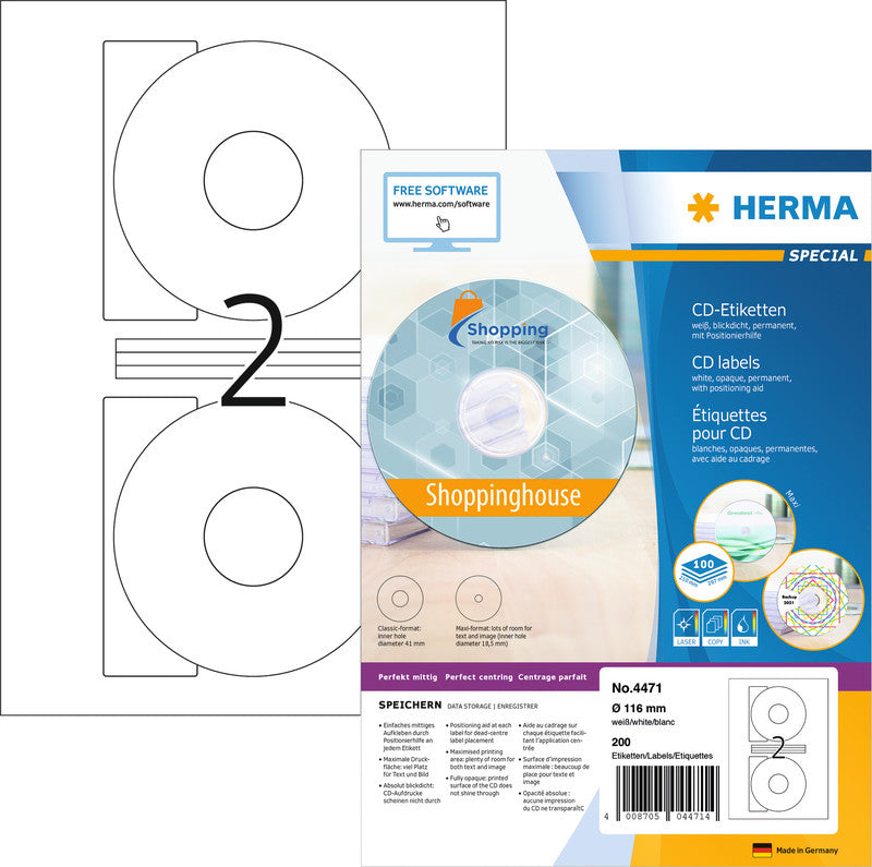 HERMA CD-/DVD-Etiketten, Ø 116 mm, weiss, Papier, permanent, 200 Etiketten