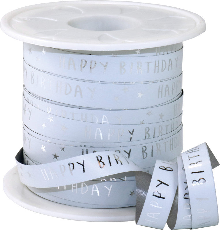 Präsent Geschenkband – Happy Birthday – 10 mm × 100 m – Kunststoff, weiss