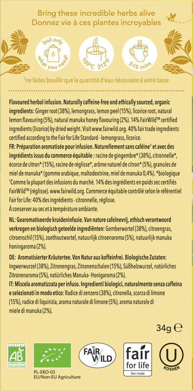 Pukka Teebeutel – Zitrone, Ingwer & Manuka Honig – Kräutertee, Bio, kompostierbar – 20 Beutel