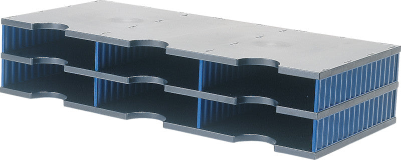 Styro Briefkorb – für C4, 6 Fächer, stapelbar, mit Griffausschnitt, blau/grau, B 723 × H 153 × T 331 mm