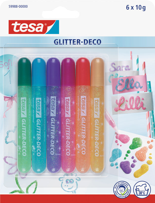 TESA Glitzerkleber Candy Colors – farbig sortiert – Set 6 × 10 g – auswaschbar, lösungsmittelfrei