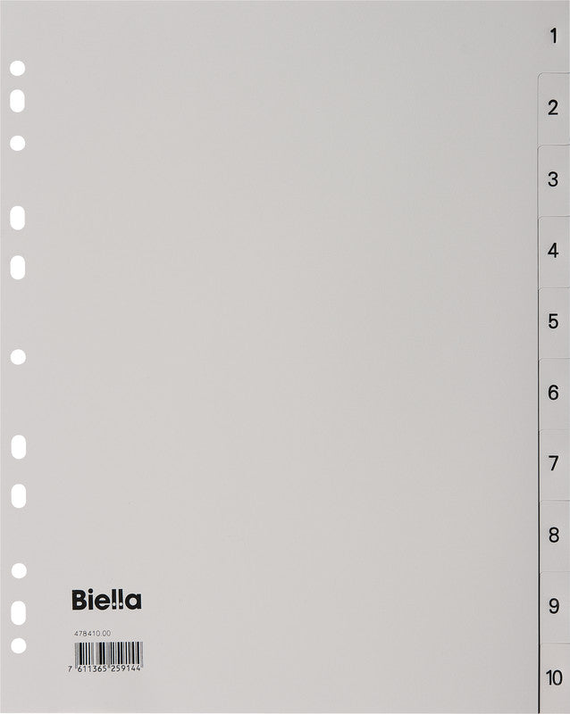 Biella Register – A4 überbreit, 10-teilig, PP, grau, vorgedruckt, mit Indexblatt, 11-fach Lochung