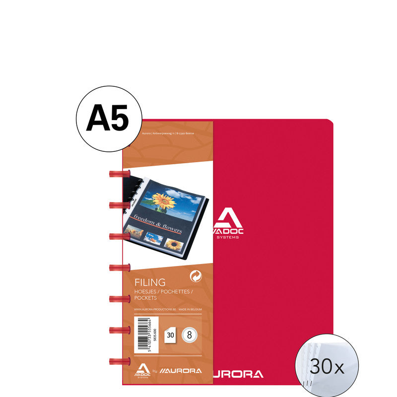 Adoc Sichtbuch Bind-Ex Aurora – 30 Sichttaschen, A5, austauschbar, genarbt, antireflex, rot, Kunststoff