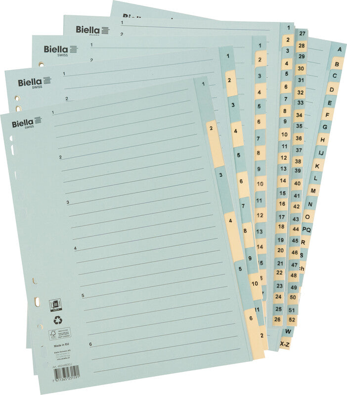 Biella Register – A4, 12-teilig, Karton, farbig, vorgedruckt, Indexblatt, 11-fach gelocht