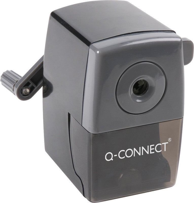 Q-CONNECT Spitzer – manuell, mit Behälter, für Blei- & Buntstifte bis Ø 8 mm, Kunststoff, grau