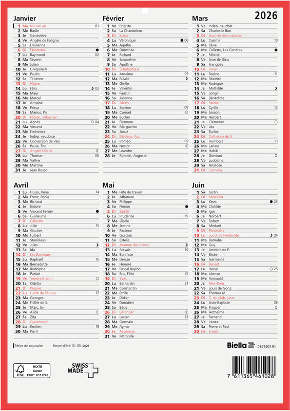 Biella Tafelkalender – 6 Monate pro Seite – Französisch – 2026 – mit Lochung, FSC-zertifiziert – 21 × 29,7 cm