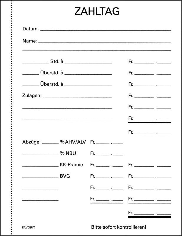 Favorit Formularblock – Zahltag-Begleitzettel, Deutsch, 50 Blatt, A6